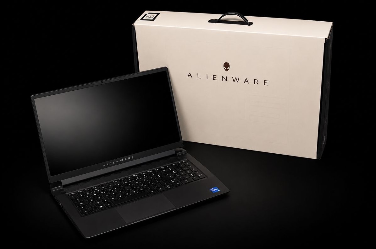 The Alienware m15 R7 in front of its box