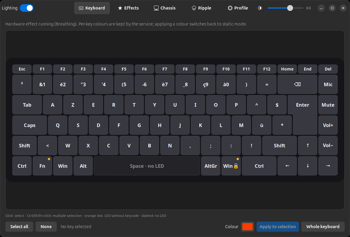 AlienFX LEDs Keyboard page: AZERTY keyboard drawn from the measured geometry