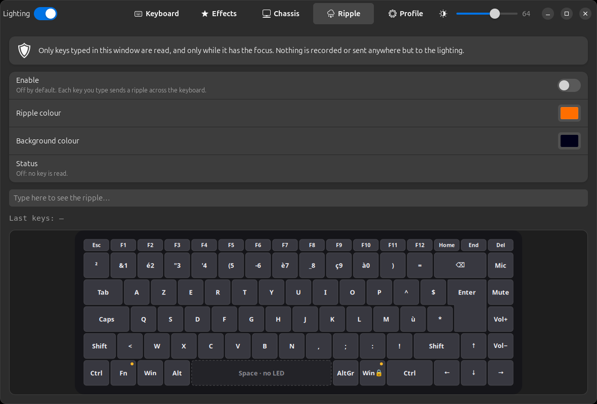 AlienFX LEDs Ripple page: Enable switch off, status "Off: no key is read"